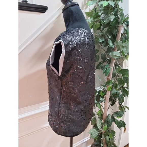 Black Gold Women Sequin Polyester Round Neck Short Sleeve Top Blouse Size Medium - Picture 5 of 11